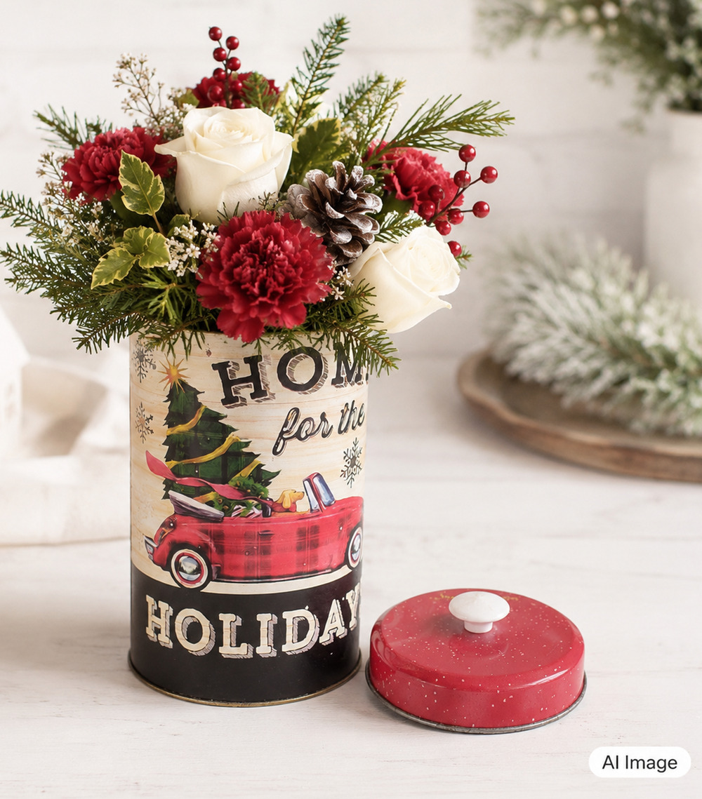 🚗🎄VTG Red Car Santa Edwiges 🍪Home for the Holidays Rustic Cookie Tin RARE